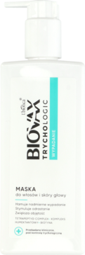 Biovax TrychoLogic Maska do włosów wypadających, stymulująca odrastanie, biała butelka, widok z przodu.