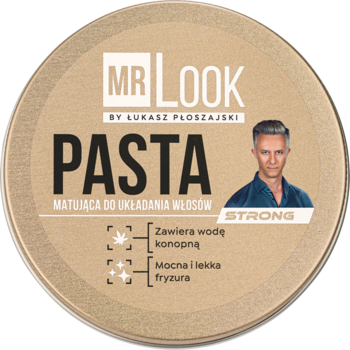 Okrągła, matująca pasta do włosów Mr Look STRONG, brązowa puszka z napisem PASTA i portretem mężczyzny.