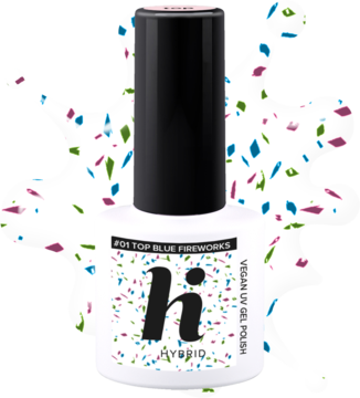 Hi Hybrid Top No Wipe Blue Fireworks, biała butelka z czarną nakrętką, z brokatowymi drobinkami, na tle konfetti.