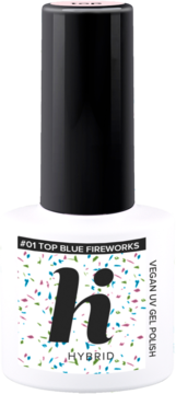 Hi Hybrid Top No Wipe Blue Fireworks – brokatowy top do hybrydy w białej butelce z czarną nakrętką i kolorowymi drobinkami.