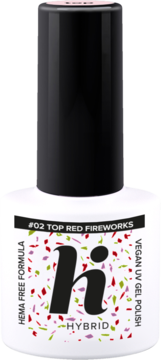 Hi Hybrid Top No Wipe Red Fireworks: biała butelka, wegański top UV z kolorowymi drobinkami, widok z przodu.