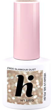 Biała butelka wegańskiego lakieru hybrydowego h #400 Glamour Dust z brokatem, różowa nakrętka, widok z przodu.