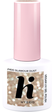 Biała butelka wegańskiego lakieru hybrydowego h #400 Glamour Dust z brokatem, różowa nakrętka, widok z przodu.