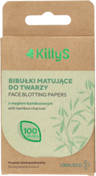 Biodegradowalne bibułki KillyS matujące do twarzy z węglem bambusowym, 100 szt., w brązowym kartonie, widok z przodu.