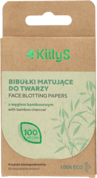 Biodegradowalne bibułki KillyS matujące do twarzy z węglem bambusowym, 100 szt., w brązowym kartonie, widok z przodu.