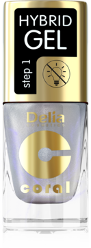 Delia Hybrid Gel Coral lakier, srebrny z iskrzącymi drobinkami, butelka z czarno-złotą zakrętką, widok z przodu.