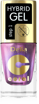 Delia Hybrid Gel, perłowy lakier do paznokci w odcieniu coral, z gold capem, nie wymaga lampy UV/LED.