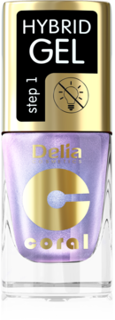 Lakier Delia Hybrid Gel Coral, fioletowy shimmer, butelka z złotą nakrętką, bez lampy UV/LED, widok z przodu.