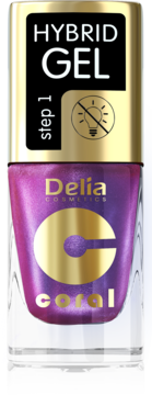 Błyszczący lakier hybrydowy Delia Hybrid Gel Step 1 w odcieniu koralowym, przezroczysta butelka, złota nakrętka.