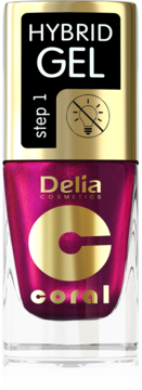 Delia Cosmetics Hybrid Gel Coral, krok 1, iskrzący lakier do paznokci w butelce ze złotą nakrętką, widok z przodu.