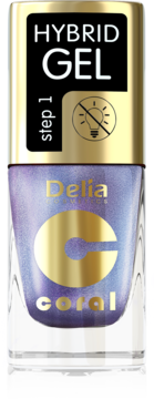 Delia Hybrid Gel Step 1 lakier do paznokci, opalizujący fiolet z napisem Coral, złota nakrętka, widok frontalny.