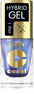 Delia Cosmetics Hybrid Gel lakier 'coral', fioletowo-niebieski z iskrzącymi refleksami, butelka ze złotą nakrętką, przód.