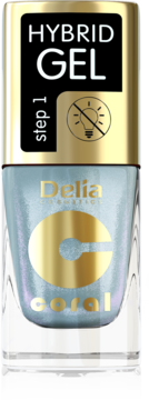 Widok butelki Delia Hybrid Gel lakier 'coral', Step 1, jasnoniebieski z brokatem, złotą nakrętką, bez lampy UV.