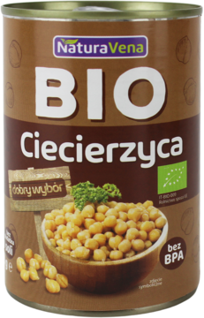 Brązowa puszka NaturaVena Bio Ciecierzyca, widok z przodu, z miską ciecierzycy i napisem bez BPA.