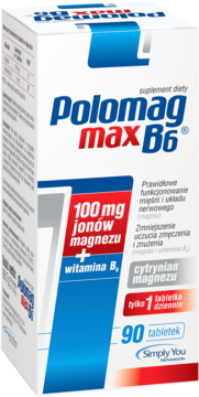 Biało-niebieskie pudełko suplementu Polomag max B6 z 100mg magnezu i witaminą B6, 90 tabletek, widok z przodu pod kątem.