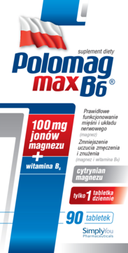 Biało-niebieskie opakowanie Polomag max B6, suplement magnez i witamina B6 na mięśnie i zmęczenie, 90 tabletek.