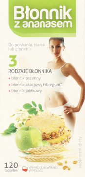 Białe pudełko suplementu Błonnik z ananasem, z kobietą, zielonym jabłkiem, ananasem i pszenicą. 120 tabl.