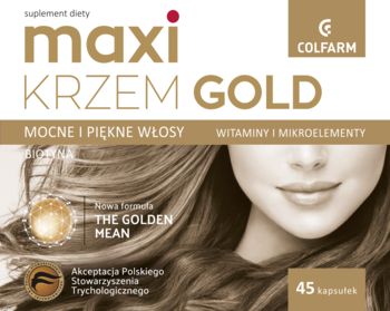 Pudełko suplementu Maxi Krzem GOLD Colfarm, dla mocnych włosów, z wizerunkiem kobiety i napisem 45 kapsułek.
