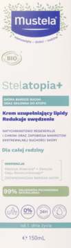 Mustela Stelatopia+ krem na bardzo suchą i atopową skórę w białej tubce, widok z przodu, logo Mustela.