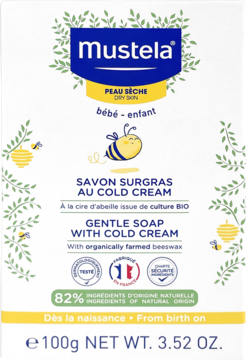 Mustela Gentle Soap Cold Cream for baby dry skin, white box with bee illustration, frontal view of 100g package.