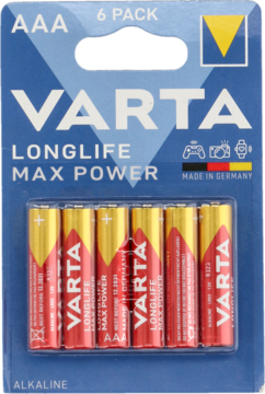 Blister 6 baterii VARTA AAA Longlife Max Power w czerwono-złotym kolorze, widok z przodu opakowania.