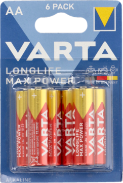 Niebieski blister VARTA Longlife Max Power AA, 6 czerwono-złotych baterii alkalicznych, widok z przodu.