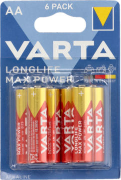 Niebieski blister VARTA Longlife Max Power AA, 6 czerwono-złotych baterii alkalicznych, widok z przodu.