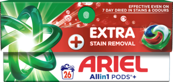 Ariel Allin1 PODS+ Extra Stain Removal, zielono-czerwone opakowanie z 26 kapsułkami, widok przód.