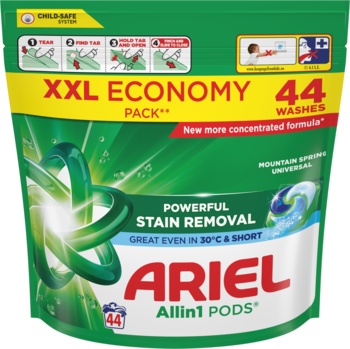 Ariel Allin1 PODS Mountain Spring, zielona torba XXL Economy Pack, 44 prania. Widok z przodu, usuwanie plam w 30°C.