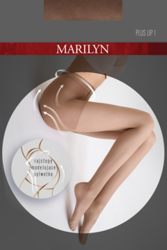 Marilyn Plus Up rajstopy w kolorze nude, na nodze z białymi strzałkami pokazującymi efekt modelujący sylwetkę.