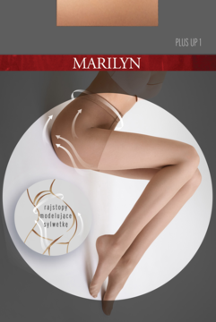 Marilyn Plus Up: beżowe rajstopy modelujące sylwetkę, z efektem wyszczuplenia widocznym na nodze.