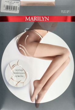Opakowanie rajstop Marilyn Plus Up 20 DEN w kolorze visone, z ilustracją modelującą sylwetkę.