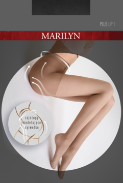 Marilyn Plus Up 1, cieliste rajstopy modelujące sylwetkę, z zaznaczonym efektem wyszczuplającym na biodrach i udach.