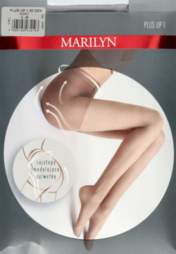 Opakowanie rajstop Marilyn Plus Up 20 DEN, z wizerunkiem nóg w beżowych rajstopach modelujących sylwetkę.