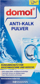 Niebieskie pudełko Domol Anti-Kalk Pulver z logo Domol, pralką i rozpryskującą się wodą, widok z przodu.