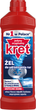 Czerwona butelka żelu Kret do udrożniania rur, etykieta z napisem "Nr 1 w Polsce", widok z przodu.