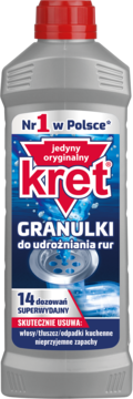 Kret granulki do udrożniania rur, szara butelka z czerwoną nakrętką, widok z przodu. Usuwa włosy i tłuszcz.