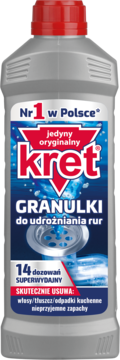 Kret granulki do udrożniania rur, szara butelka z czerwoną nakrętką, widok z przodu. Usuwa włosy i tłuszcz.