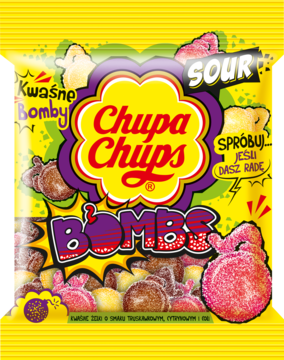 Żółta paczka żelków Chupa Chups Sour Bombs, pokazująca różnokolorowe, pudrowane żelki o smaku truskawki, cytryny i coli.