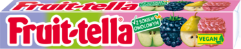 Front opakowania Fruit-tella Owocowy Ogród, z logo, ilustracjami jabłek, jeżyn, gruszek i etykietą VEGAN.