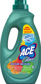 Ace Colors multifunkcyjny odplamiacz, zielona butelka 1L, widok z przodu, bez chloru, z aktywnym tlenem.