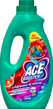 Płyn Ace Booster Colors odplamiacz do kolorów 1L w turkusowej butelce z etykietą, widok z przodu.
