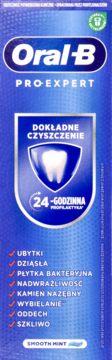 Niebieskie opakowanie pasty Oral-B Pro-Expert Smooth Mint, z ikoną zęba i listą 8 korzyści.