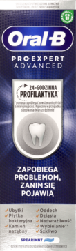 Biało-niebieskie opakowanie pasty Oral-B Pro-Expert Advanced, widok z przodu. Zapewnia 24h profilaktykę przed problemami.