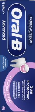 Niebieska tubka pasty Oral-B Advanced Gum Protection 75ml, z różowym rysunkiem dziąsła i napisem Cool Mint.