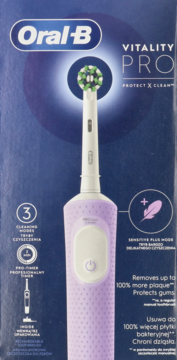 Granatowe pudełko szczoteczki Oral-B Vitality Pro, z fioletową szczoteczką i hasłem Protect X Clean.