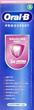 Oral-B Pro-Expert Smooth Mint pasta do zębów na wrażliwe zęby, granatowe opakowanie z różowym znakiem, widok z przodu.