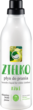 ZIELKO płyn do prania KIWI do białych tkanin, biała butelka z czarną zakrętką, widok z przodu, logo kiwi.