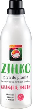 ZIELKO Płyn do prania tkanin czarnych, Granat & Imbir, biała butelka z barwnym logo, czarna nakrętka, front.