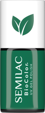 Zielony lakier Semilac BioColor UV Gel Polish, widok z przodu, butelka z białym korkiem i logo liści.